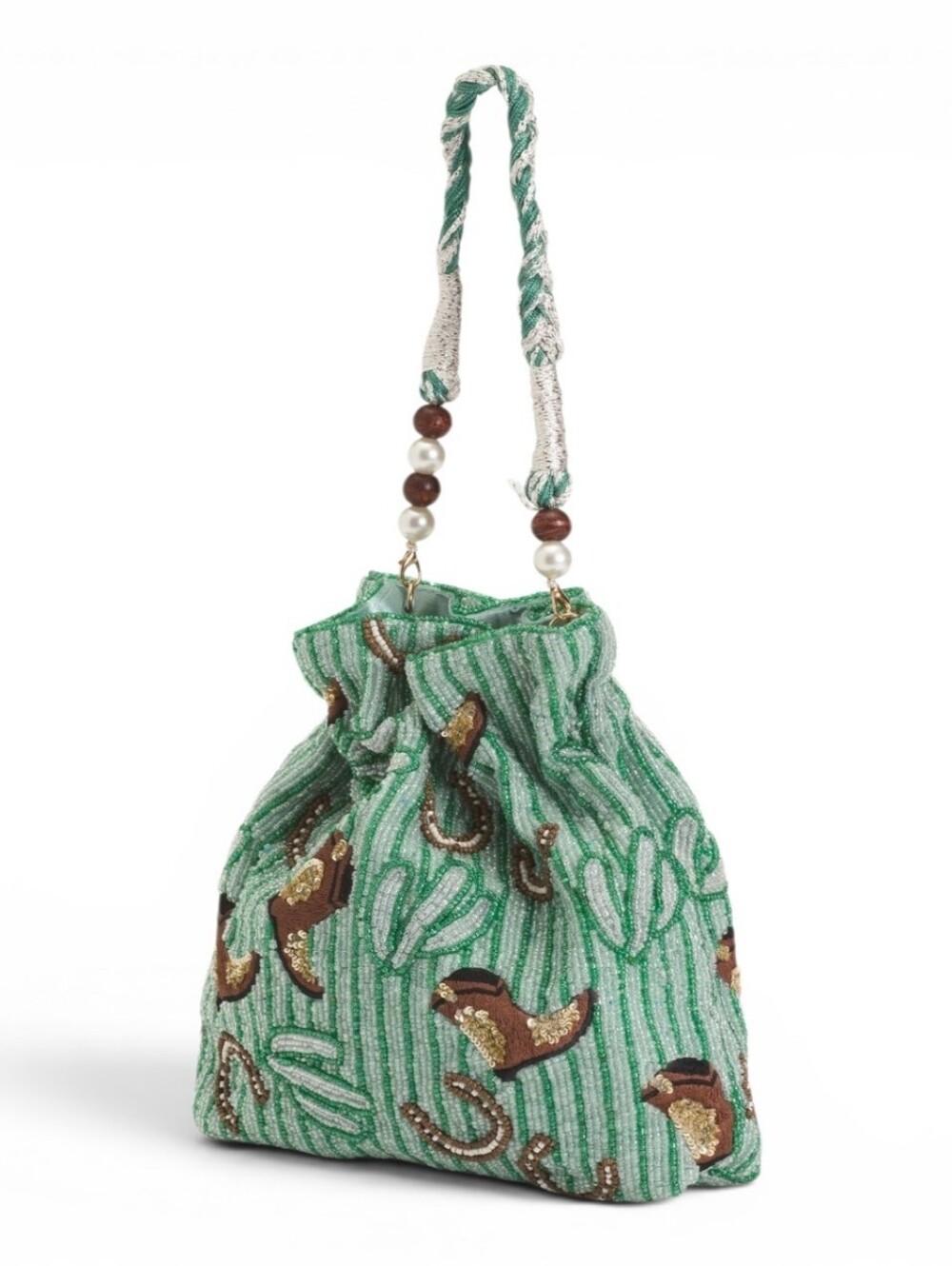 VIRAL Beaded Bag Striped Cowboy Cowgirl Boots Horseshoe Cactus Satchel Green